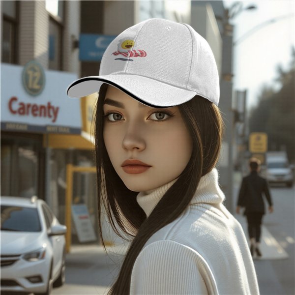 Black Baseball Cap with Smiling Fried Egg and Bacon Print