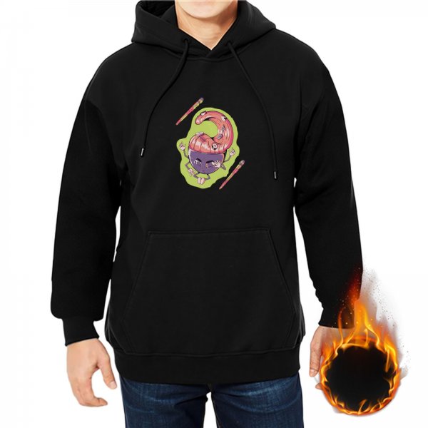 Black hoodie with quirky cartoon character and pencil graphic