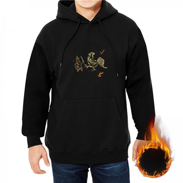 Black hoodie with decorative rooster and small bottle graphic