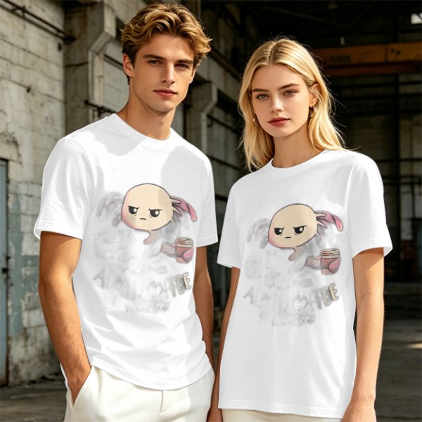 Olive T-shirt with Grumpy Axolotl Holding Coffee Print