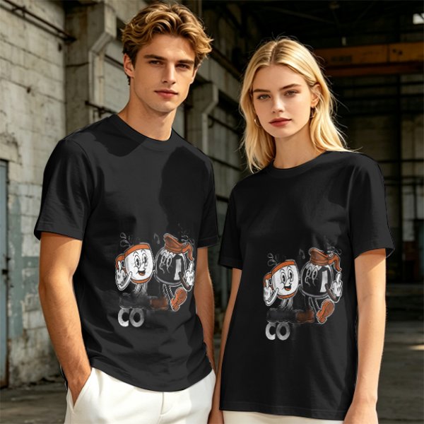 Olive T-Shirt with Retro Cartoon Coffee Cup Characters Graphic