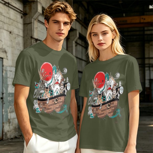 Studio Ghibli Characters Boat Graphic Olive T-Shirt