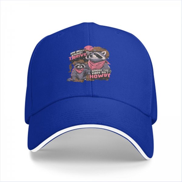 Black baseball cap with cowboy raccoon graphic and 'where the vibes ain't howdy' text