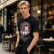 Olive t-shirt with retro cartoon raccoon and dog trash can print