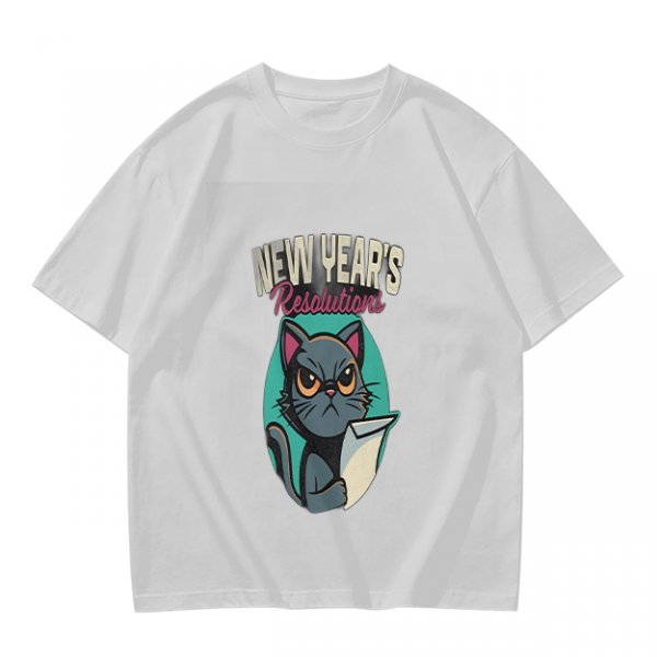 Olive green graphic t-shirt with grumpy cat holding New Year's resolutions