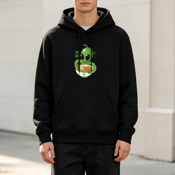Black Hoodie With Cute Alien Eating Ramen Graphic
