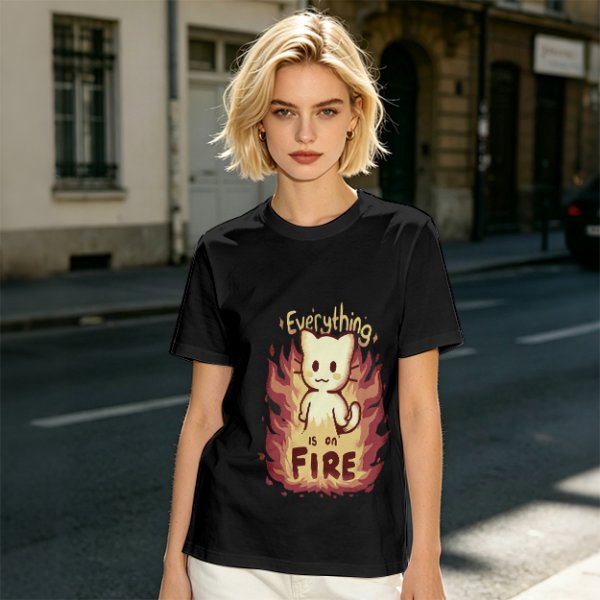 Olive Graphic T-Shirt With Everything Is On Fire Cat Design