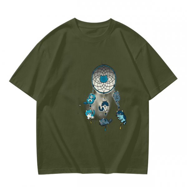 Olive T-Shirt With Dreamcatcher And Cute Cat Kittens Print