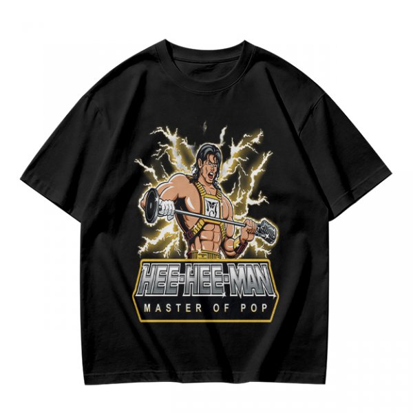 Olive T-shirt with Hee-Hee-Man Master of Pop Lifting Barbell Graphic