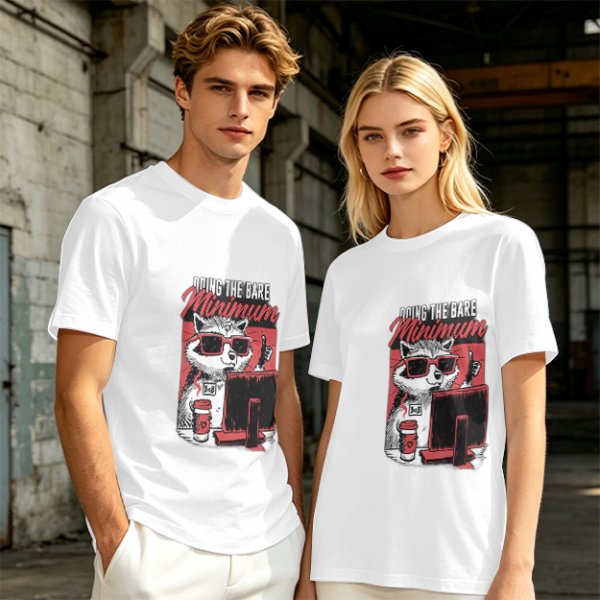 Olive graphic t-shirt with raccoon doing the bare minimum at computer