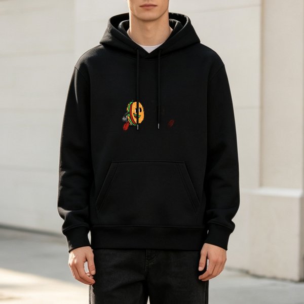 Black Hoodie With Cartoon Running Hamburger Graphic