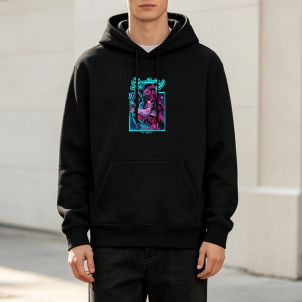 Black Hoodie with Cyberpunk Anime Female Character Graphic