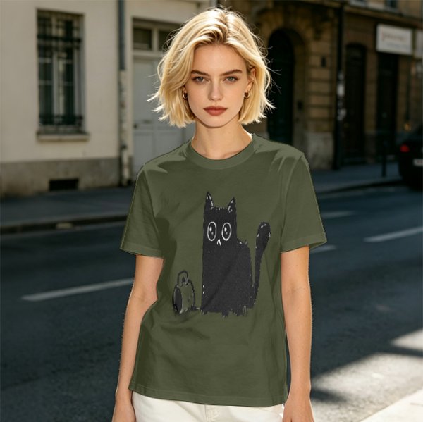 Olive Green T-Shirt With Cute Surprised Black Cat And Bell Print