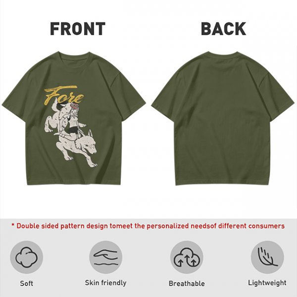 Olive graphic t-shirt with wolf rider and 'Fore' text print