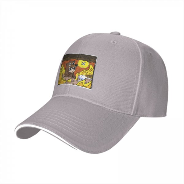 Black baseball cap with cartoon bear costume character in fiery cave print