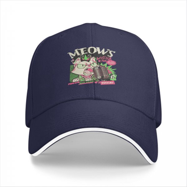 Black baseball cap with punk rock cat graphic design