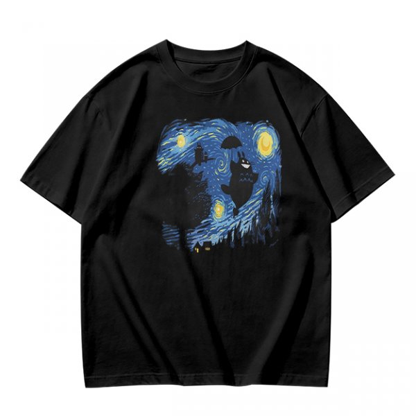 Olive T-Shirt with Starry Night Style Cat Graphic Print