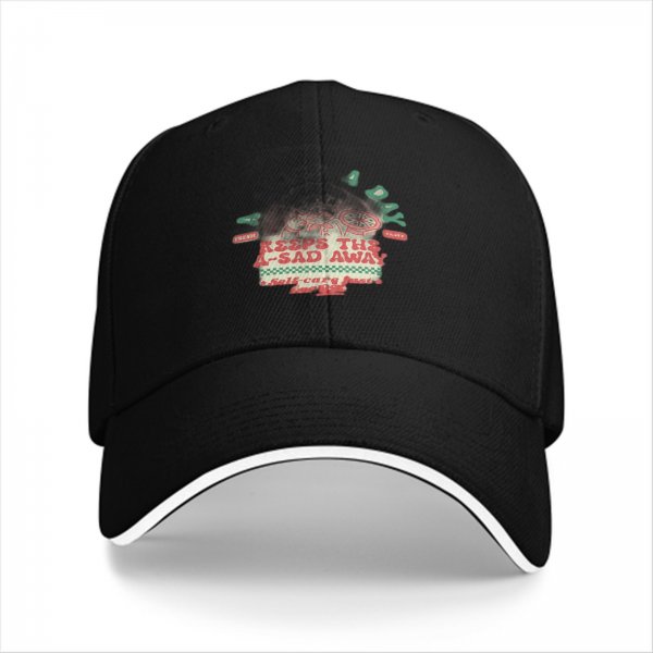Black baseball cap with 'Keeps The A-Sad Away' graphic print