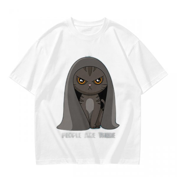 Olive T-shirt with Angry Cat in Hooded Cloak Graphic Print