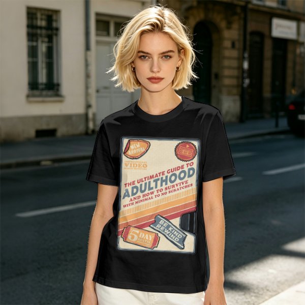 Olive t-shirt with retro guide to adulthood VHS-style print