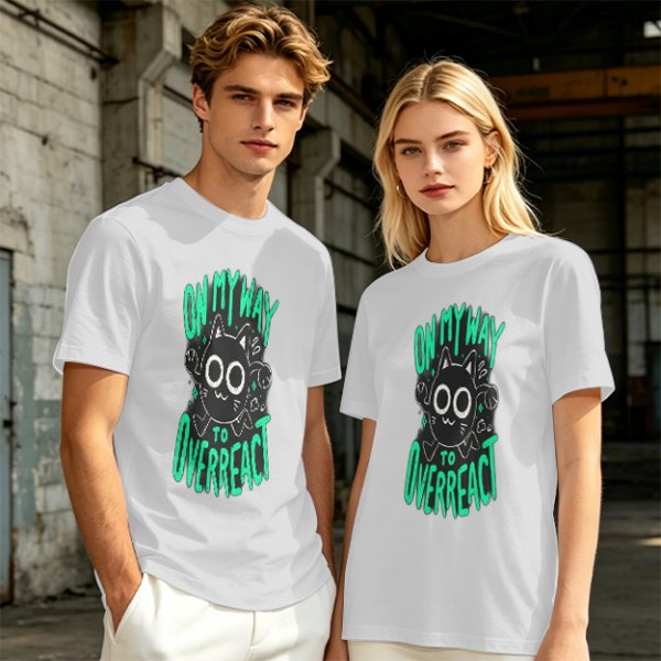 Oversized Olive T-Shirt With 'On My Way To Overreact' Cat Graphic