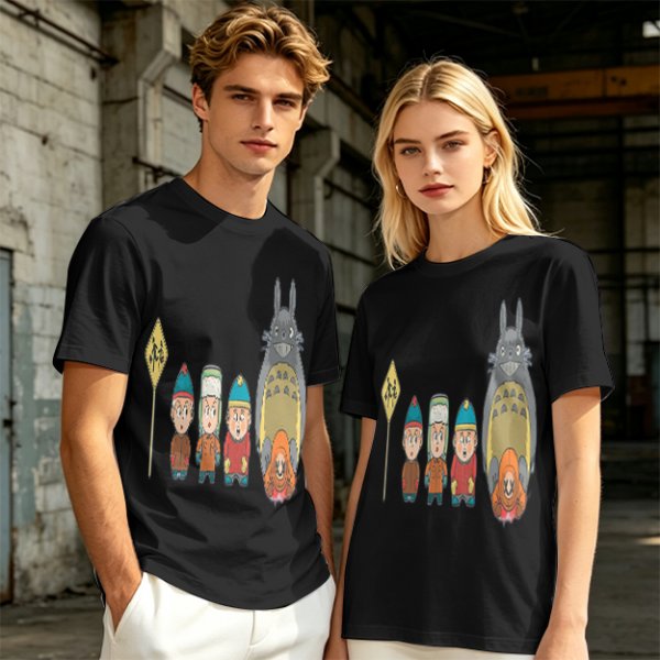 Olive T-shirt with cartoon characters print featuring Totoro and small figures