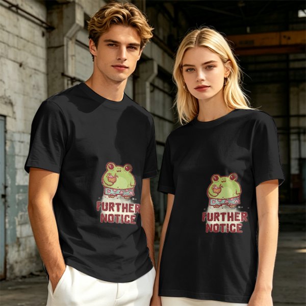 Olive T-Shirt with Cute Frog Graphic and Further Notice Text