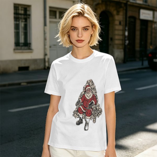 Olive T-shirt with Santa Claus on Skull Throne Graphic