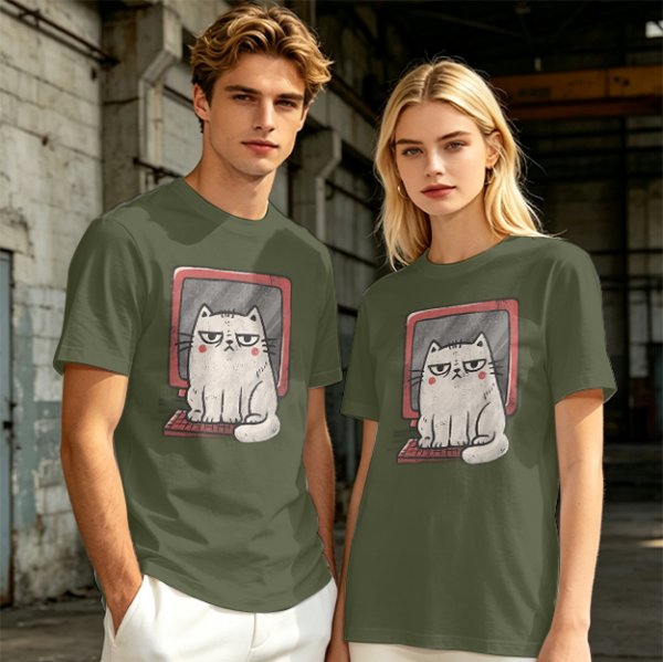 Olive T-shirt with Grumpy Cat on Retro Computer Print