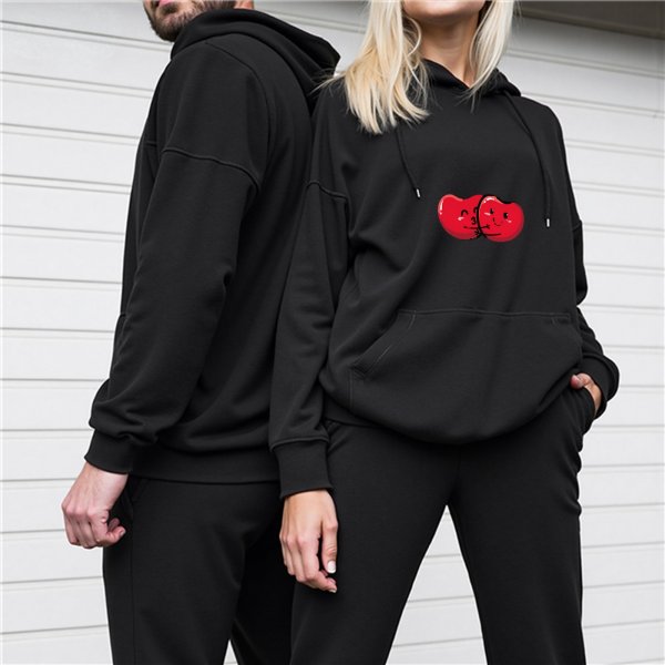 Black hoodie with kissing cartoon cherries graphic
