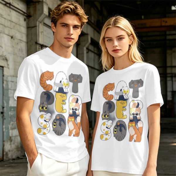 Olive T-Shirt With Cute Cat Letter Graphic Design