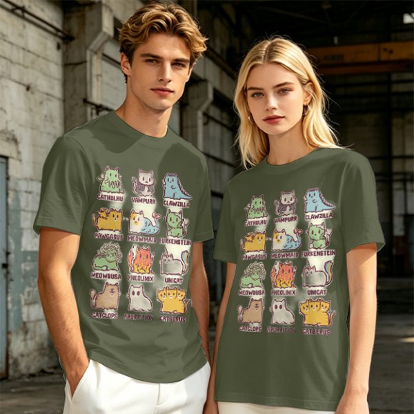 Olive green t-shirt with cute mythical monster cat graphic prints