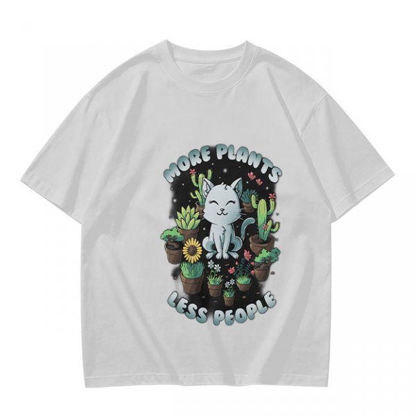 Olive T-shirt with 'More Plants Less People' Cat and Succulent Print