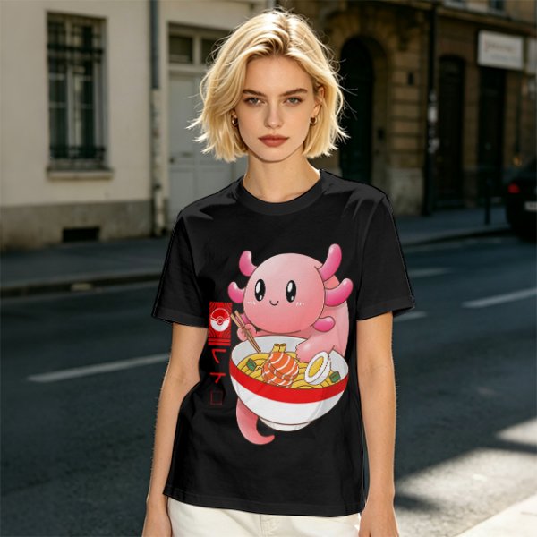 Olive T-Shirt Featuring a Cute Pink Axolotl Eating Ramen