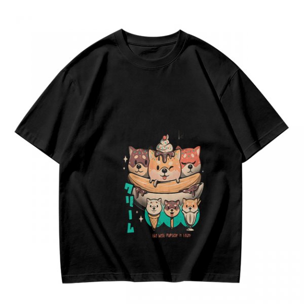 Olive green t-shirt with cute shiba inu ice cream graphic