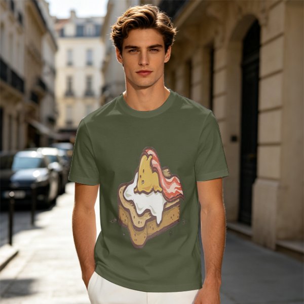 Olive T-Shirt With Cute Lazy Egg On Toast And Bacon Print