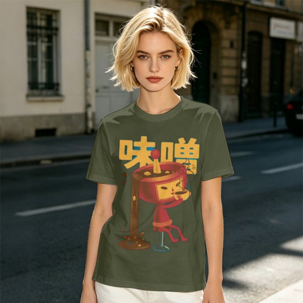 Olive green t-shirt with whimsical miso character graphic print