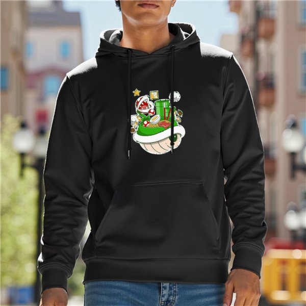 Black Hoodie With Super Mario Themed Ramen Print