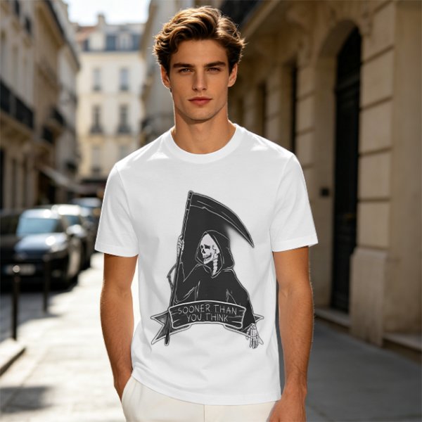 Olive Grim Reaper Graphic T-Shirt With Sooner Than You Think Text