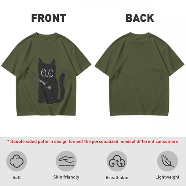 Olive T-Shirt With Cute Black Cat Holding Knife Graphic