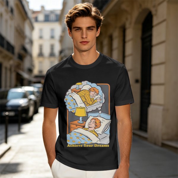 Olive graphic t-shirt with sleeping person and 'Achieve Your Dreams' text