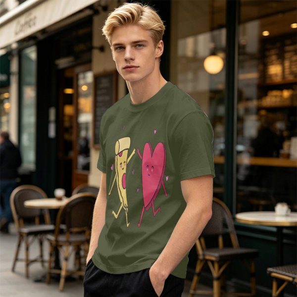 Olive T-Shirt with Dancing Pizza Slice and Heart Graphic