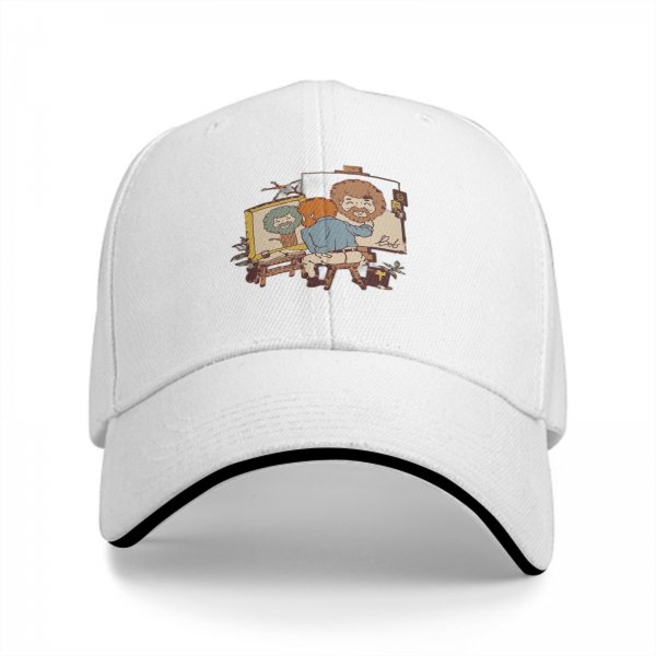 Black Baseball Cap With Bob Ross Painting Cartoon Art Print