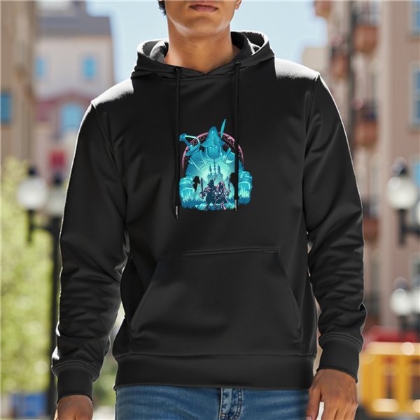 Black Hoodie With Fantasy Ice Castle Warrior Graphic Print