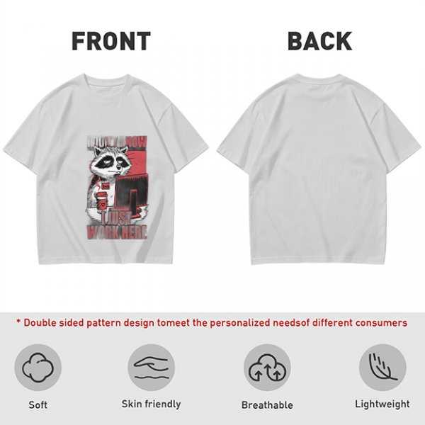 Olive graphic t-shirt with a tired raccoon office worker and 'I Just Work Here' text