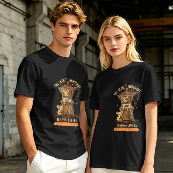 Olive t-shirt with coffee moka pot mouse shop graphic and coffee love quote