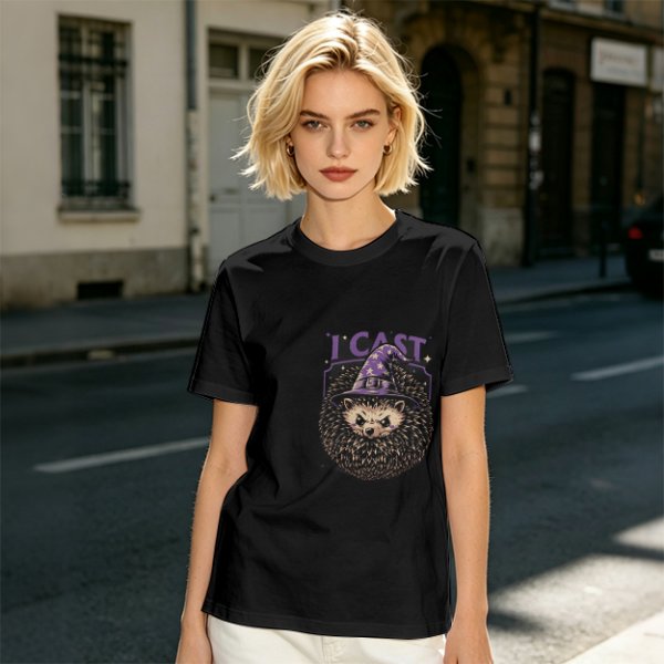 Olive green t-shirt with a hedgehog wizard graphic and 'I CAST' text