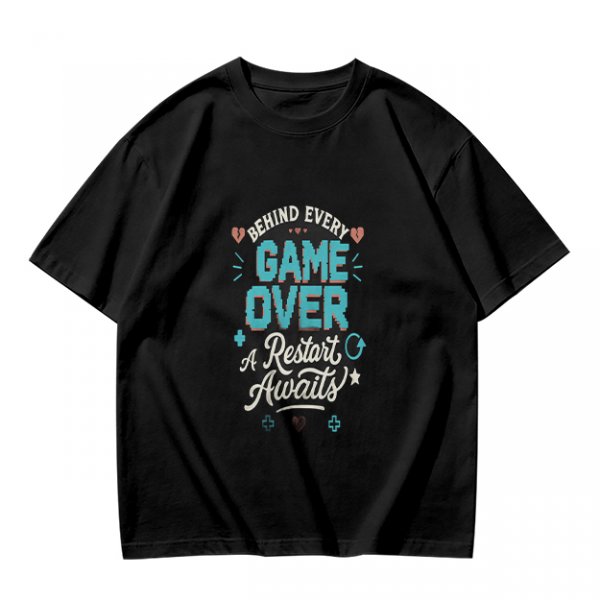 Olive t-shirt with 'Behind Every Game Over A Restart Awaits' gaming print