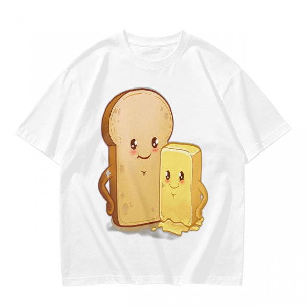 Olive T-Shirt With Cute Cartoon Bread And Butter Graphic
