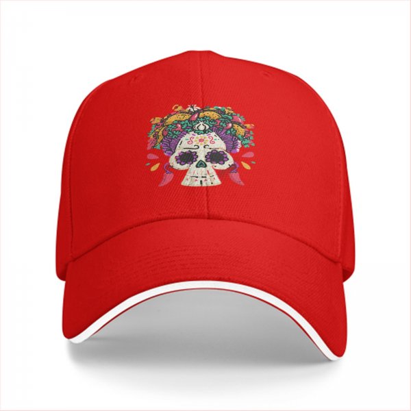 Black Baseball Cap With Colorful Sugar Skull And Food Artwork